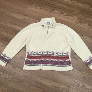 Alfred Dunner Women Knit Sweater Size M Off White 1/4 Zip Embroidered  Read